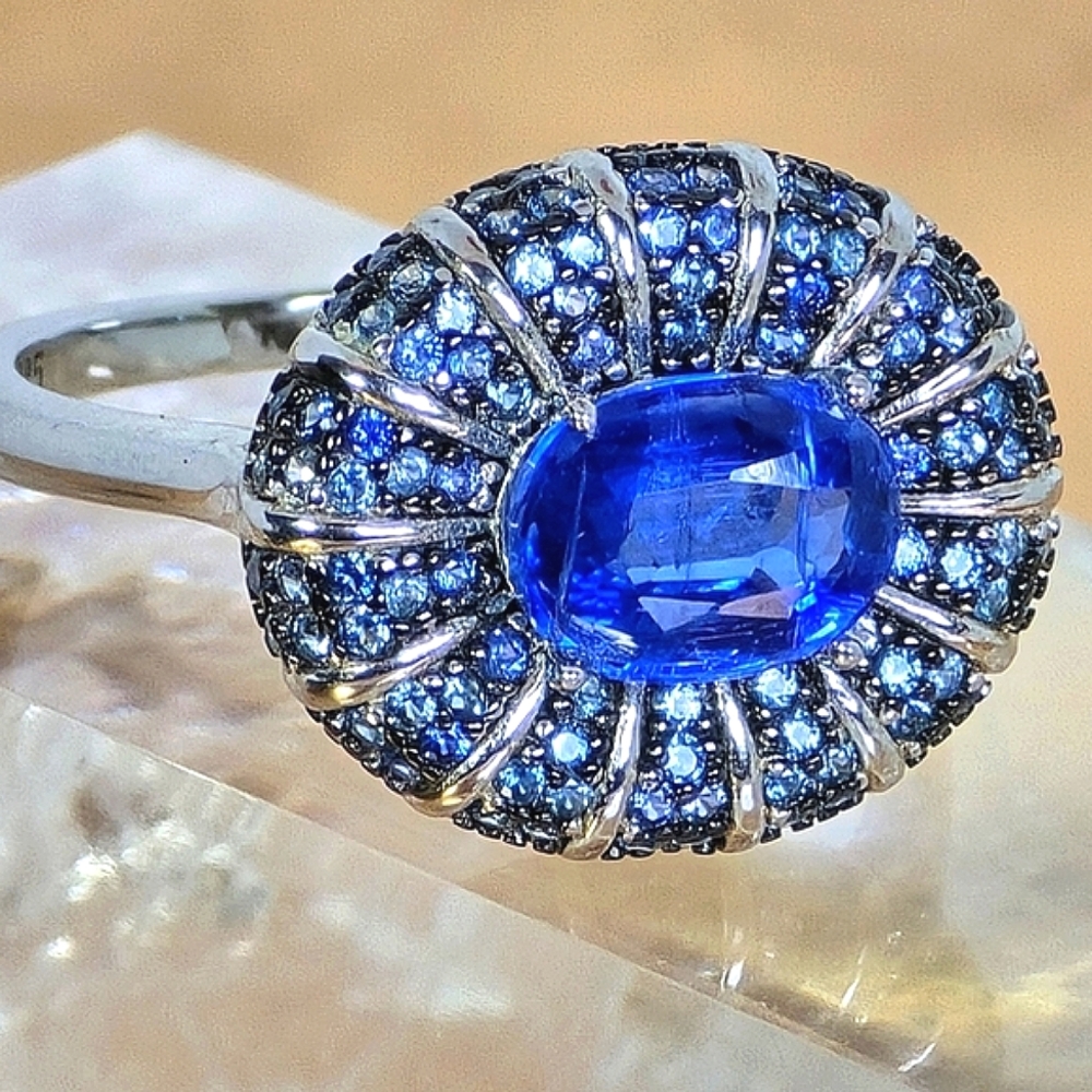 925 Sterling Silver Ring Sz 7.75with Natural Kyanite & Sapphire Gemstones